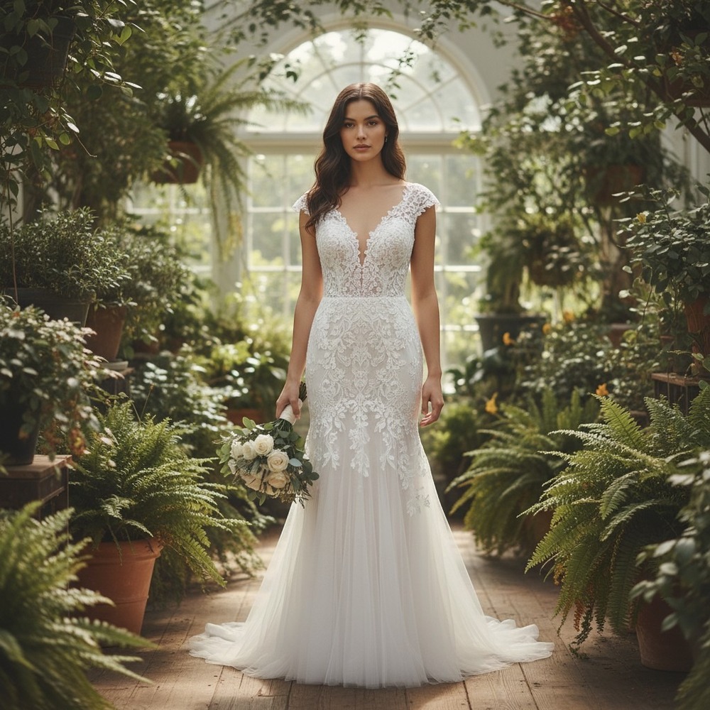 NWT Merry's Boho Lace Mermaid Wedding Dress White V-Neck Open Back Bridal Sz 12